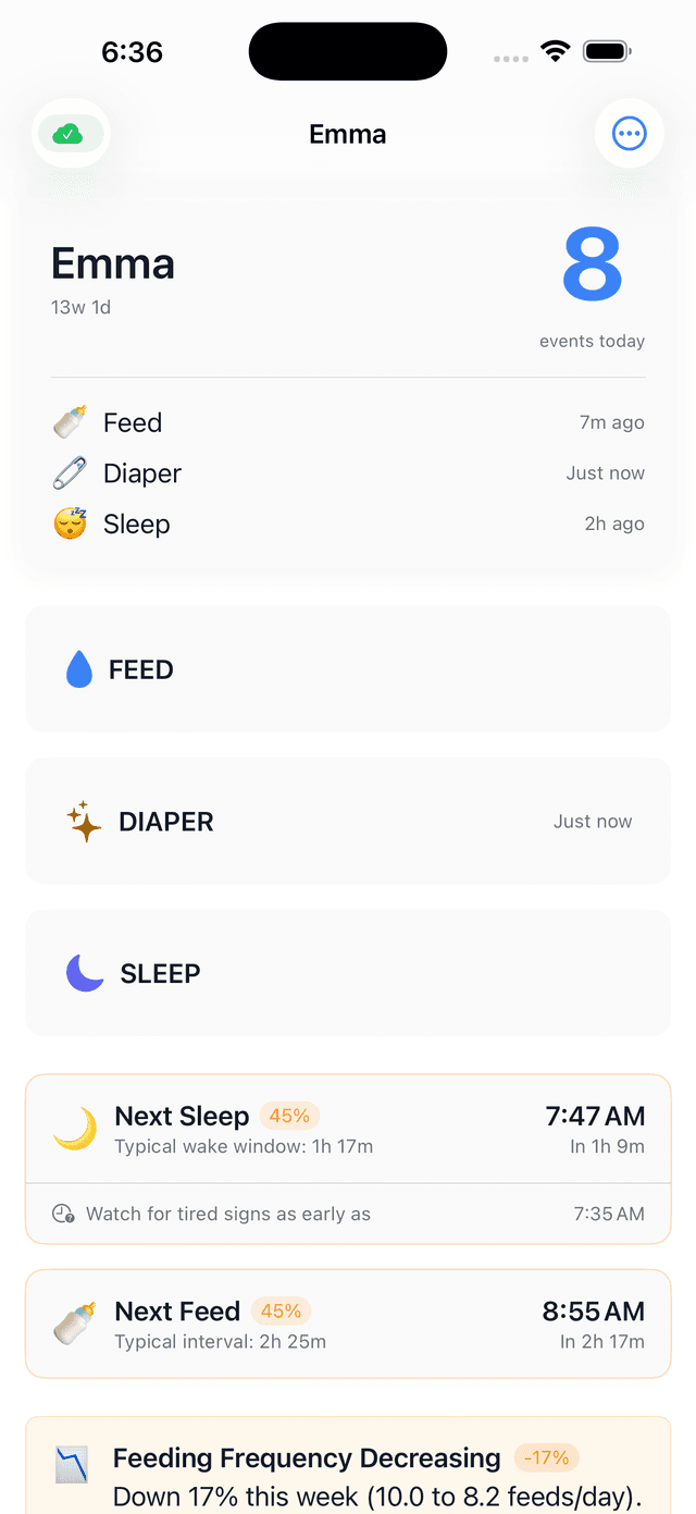 Baby Tracker app dashboard showing feed, diaper and sleep tracking